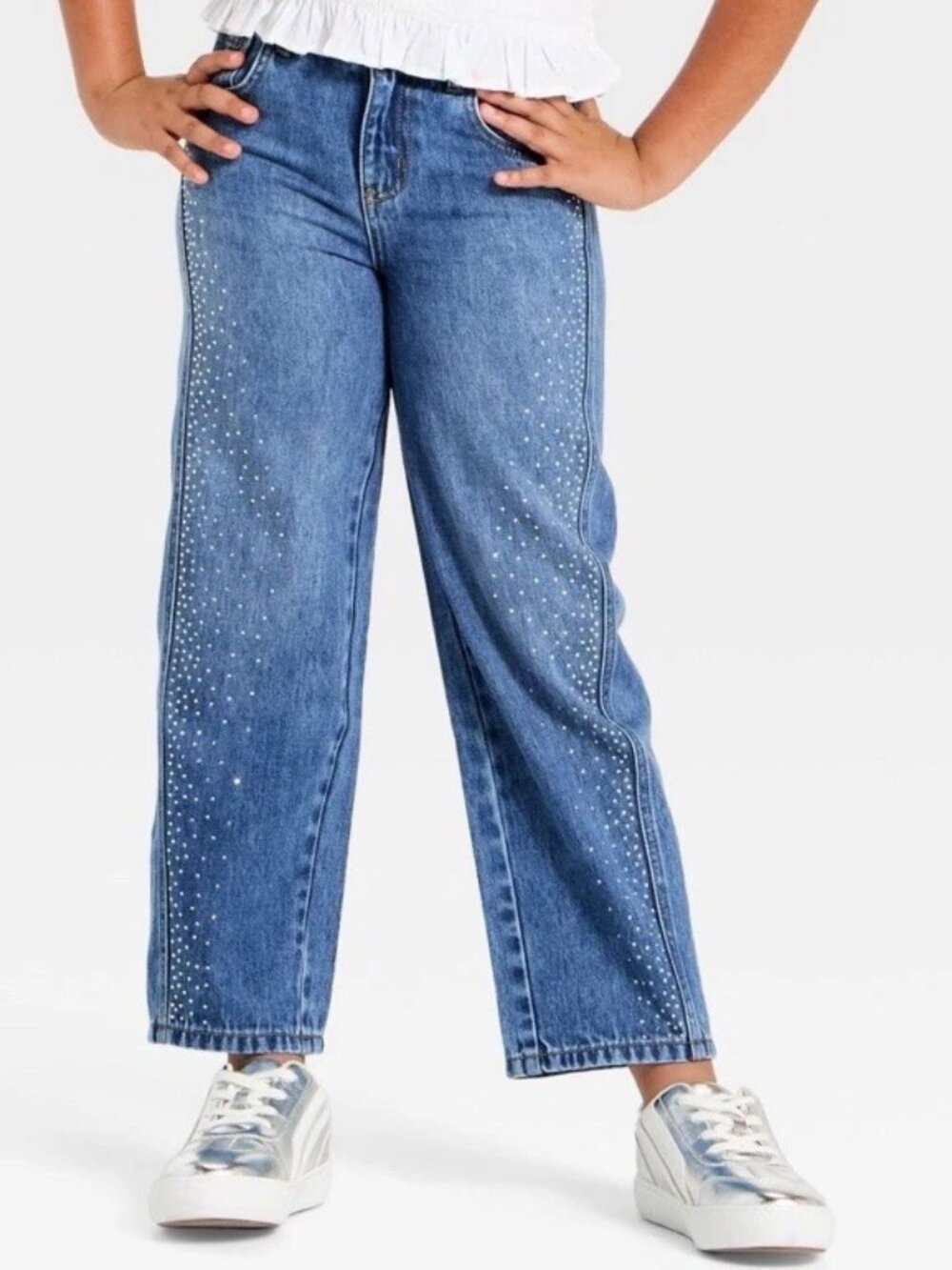 Cat & Jack Girls Blue Rhinestone-Embellished Mid Rise Barrel Leg Jeans Sz 14